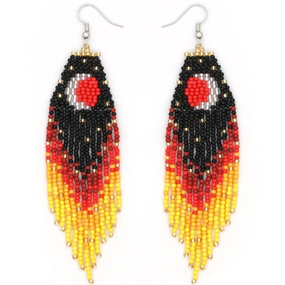 Eclipse Crescent Moon Black Orange Long 5" Bead Earrings Handmade Oversized New - Picture 1 of 7